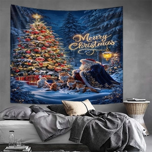 Christmas wall tapestry with Santa, tree and foxes for cozy bedroom holiday decoration