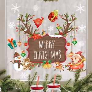 Merry Christmas window stickers set with Santa Claus, reindeer, and festive snowflakes