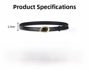 Detail view of 2.3cm black leather belt with gold irregular buckle and size specifications