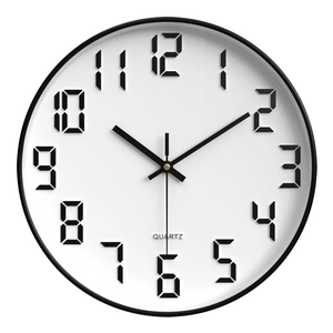 Moderne minimalistische 12-Zoll Wanduhr mit Pixel-Ziffern und leisem Quarzwerk, Schwarz-Weiß
