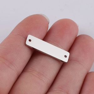 Polished silver stainless steel rectangular pendant tag with dual holes for DIY jewelry