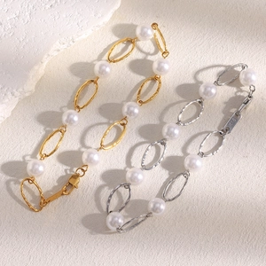 Artificial Pearl Stainless Steel Bracelet Hammered Geometric Link 18K Gold Plated Elegant Minimalist Vintage Jewelry For Women