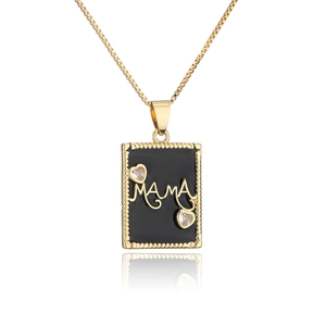 18K gold plated necklace featuring a black enamel MAMA pendant with heart zircon accents