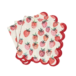 Cocktail paper napkins with red strawberry print and wavy scallop edges for party