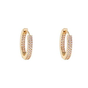 18K gold huggie earrings with double rows of pink and clear cubic zirconia stones