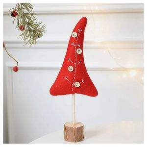 Close-up of red wool felt Christmas tree ornament with buttons on natural wood base