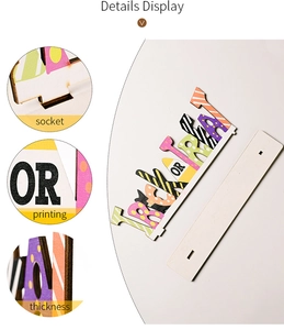 Detail display of Halloween Trick or Treat wooden sign with socket and printing focus