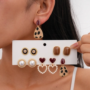 Vintage Stud And Dangle Earrings Heart Leopard Print Imitation Artificial Pearl Resin With Silver Earring Post Alloy Women