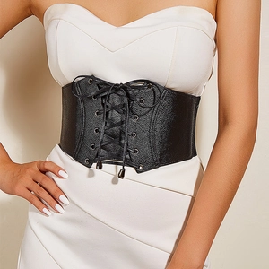 Ceinture Corset Large en Similicuir Noir Vintage pour Femmes Texture Litchi Taille Élastique à Lacets pour Robes