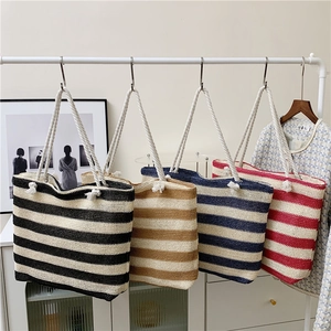Women Stripe Woven Tote Bag Straw Handbag Large Capacity Contrast Color Shoulder Bag With Rope Handles Magnetic Closure
