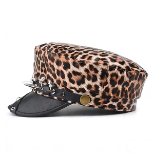 Punk leopard print military hat with silver metal spikes and faux leather visor
