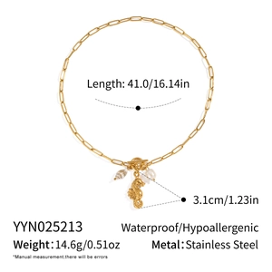 Detailed specs of 18K gold plated stainless steel necklace with pearl and seahorse charms