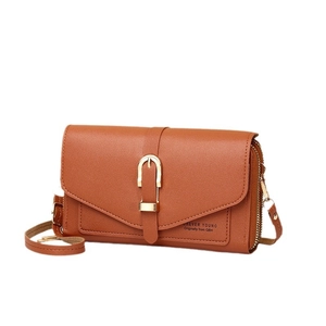 Caramel brown women's crossbody phone bag with gold metal buckle and multi-compartment design