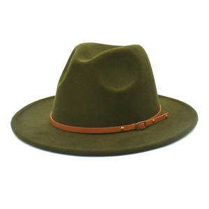 Detail of olive wool fedora hat featuring brown leather belt with metallic rivet accents