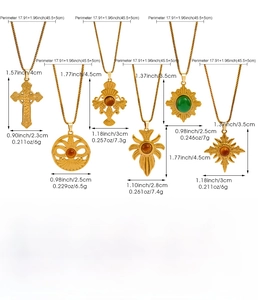 Size chart showing six vintage stainless steel pendant necklaces with precise measurements