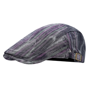 Vintage striped flat cap with purple and grey cotton fabric and side metal buckle