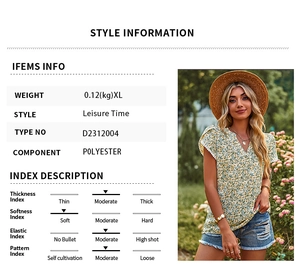 Size chart and style info for V-neck floral short sleeve leisure polyester t-shirt