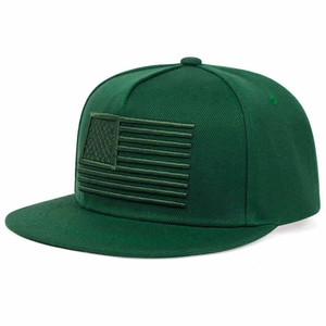 Detailed side view of dark green snapback hat featuring high-quality flag embroidery