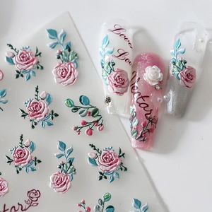3D embossed floral nail stickers featuring pink roses and blue leaves with Love lettering