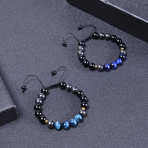 Bracelet ajustable en oeil de tigre bleu et agate 10mm avec cordon tressé pour hommes et femmes