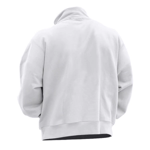 Rear view of white stand collar sweatshirt with ribbed cuffs and hem, back details