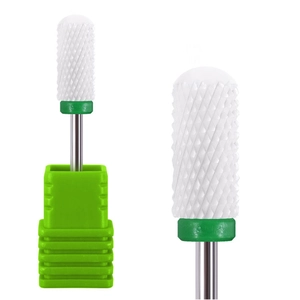 White ceramic nail drill bit with green ring and diamond texture on a metal shank