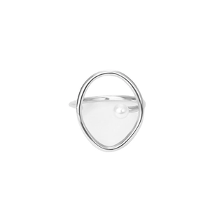 Minimalist silver geometric open ring with polished finish and a central white pearl