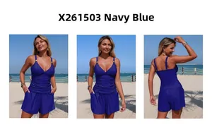 Vues détaillée de face, de profil et de dos du tankini bleu marine à effet drapé