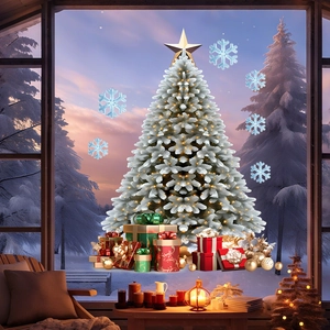 Christmas window decals showing white Christmas trees and snowflakes in a cozy room