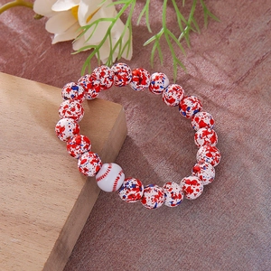 Close-up of red white and blue camo wood beads bracelet with baseball pattern detail