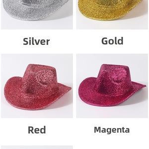 Detail view of pink, gold, silver, and red glitter cowboy hats for party and clubwear