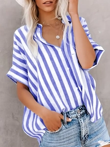 Detail of blue and white striped short sleeve shirt with casual V-neck design