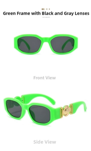 Detail of green sunglasses with golden embossed round metallic logo on the side temple