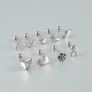 9-piece polished stainless steel earring set with heart, star, and butterfly studs
