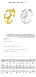 Detailed size chart and technical specifications for S925 sterling silver heart shell ring