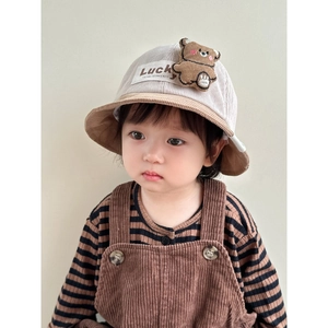 Corduroy Baby Bucket Hat Cute Bear Patchwork Sun Protection Outdoor Toddler Basin Cap With Wind Rope