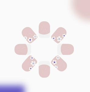 Detail view of 24pcs pink French press-on nails featuring white tips and blue flower patterns