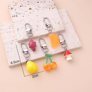 Detailed view showing dimensions of cute resin fruit and mushroom keychain pendants