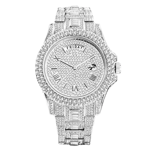 Close-up of luxury iced-out silver watch with dual day-date display and crystal accents