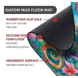 Three-layer diatom mud bath mat with seahorse ocean pattern and non-slip rubber base