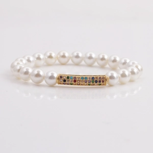 Bracelet élégant en perles 8mm avec tube courbé doré serti de zircons pour femme