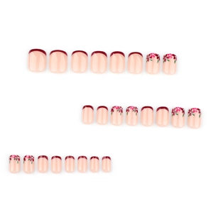 Short square red French press on nails with elegant floral patterns and glossy finish