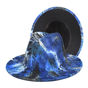 Blue and black tie-dye fedora hat with graffiti text and wide brim for sun protection