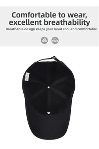Detail of black baseball cap interior showing adjustable strap and breathable lining