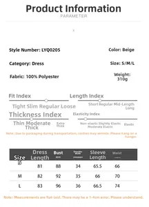 Size chart for beige chiffon lantern sleeve mini dress with fabric and fit details