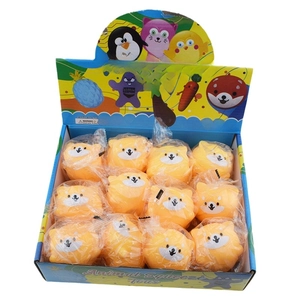 Retail display box containing twelve individually wrapped yellow Shiba Inu squeeze stress toys