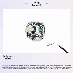Detail of s925 silver bird and flower charm with enamel inlay and hollow design