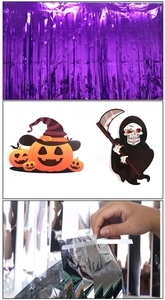 Close-up of purple and silver tinsel fringe for Halloween party table decorations