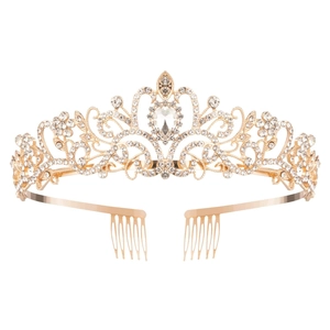 Golden bridal crown with sparkling rhinestones and crystal pear stone on white background