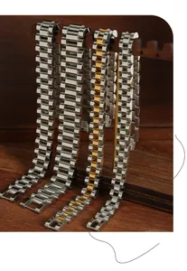 Detail of stainless steel watch band bracelets with polished president link design